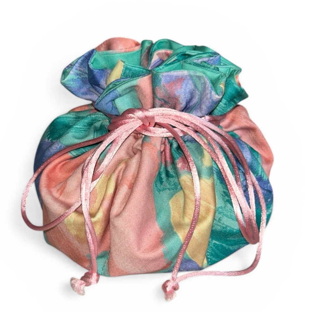 Handcrafted Pastel Print with Satin Drawstring Jewelry Pouch with Eight Pockets